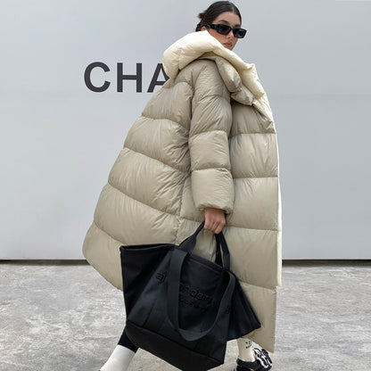 Janveny Fluffy White Duck Down Jacket Women Winter Thickness Warm Long Puffer Coat Hooded Female Fashion Fake Two-piece Parkas
