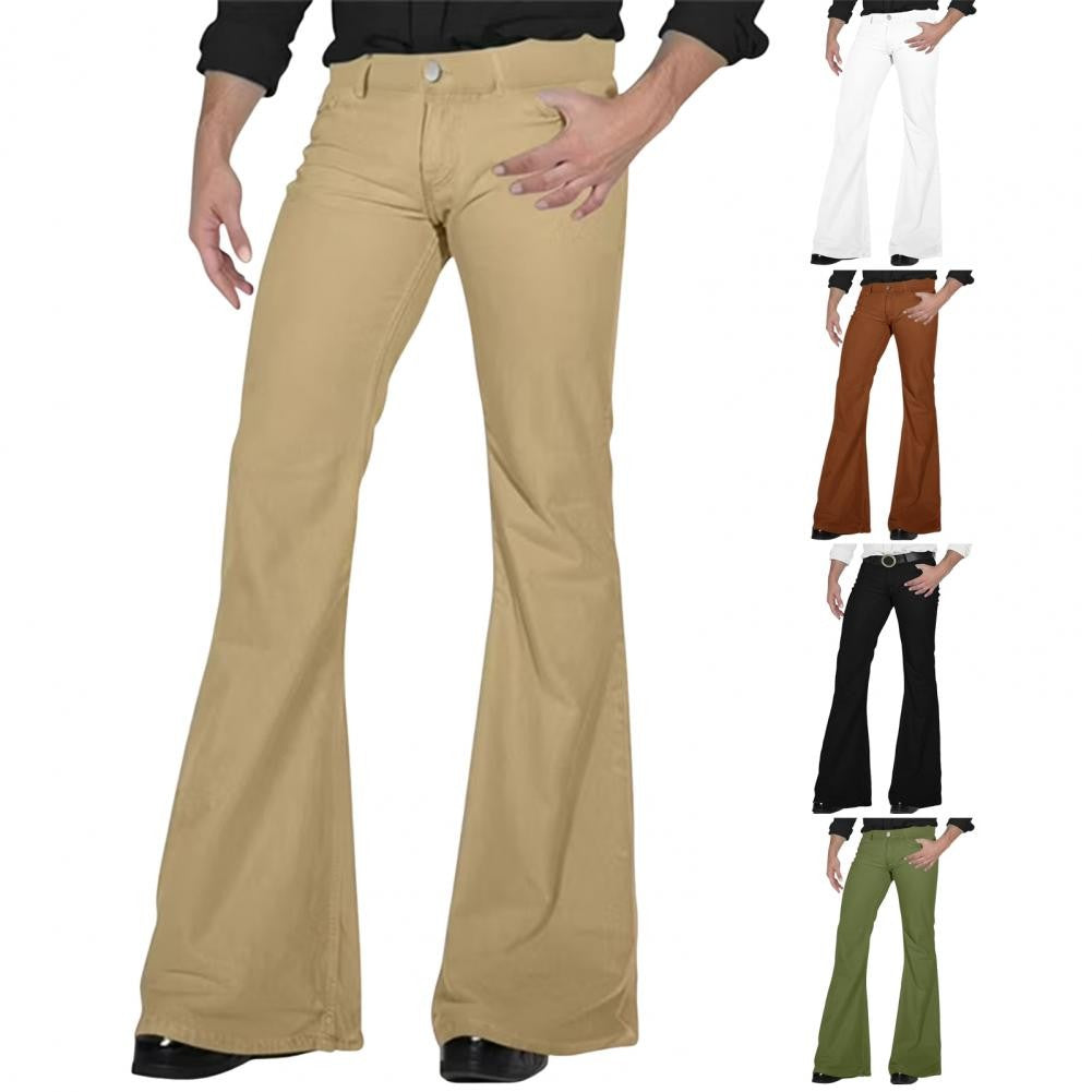 Calças masculinas boca de sino retrô calças masculinas de cor sólida de cintura média calças clássicas casuais dos anos 70 com zíper e boca de sino para homens
