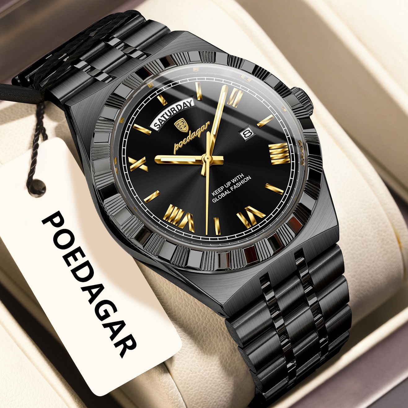 POEDAGAR Luxury Business Man Watch Week Date Waterproof Luminous Watches For Men Stainless Steel Quartz Fashion Men's Wristwatch