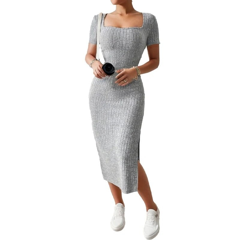 Summer Square Neck, Hip-Hugging Mid-Length Skirt, Short-Sleeved, Versatile Knitt
