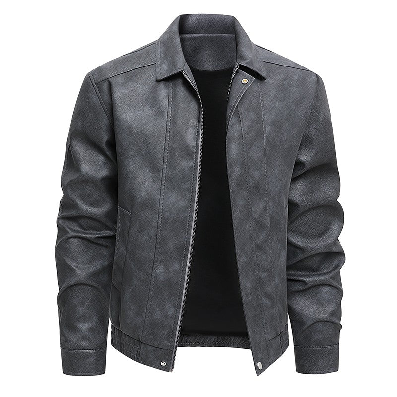 Plus Size Men's Casual Loose Fit Turndown Collar Motorcycle PU Leather Jacket, Suitable For Autumn, Zipper Front