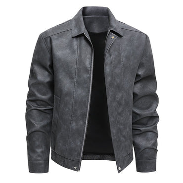Plus Size Men's Casual Loose Fit Turndown Collar Motorcycle PU Leather Jacket, Suitable For Autumn, Zipper Front