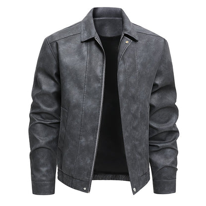 Plus Size Men's Casual Loose Fit Turndown Collar Motorcycle PU Leather Jacket, Suitable For Autumn, Zipper Front