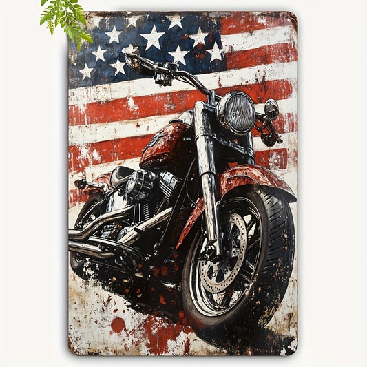 -Davidson Motorcycle & American Flag Metal Wall Art Sign -  Vintage Patriotic Iron Decor for Garage, Living Room, Indoor/Outdoo