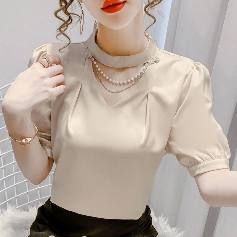 Women Summer Style Blouses Shirts Lady Fashion Casual Puff Short Sleeve Beading O-Neck Solid Pearl Blouses Tops