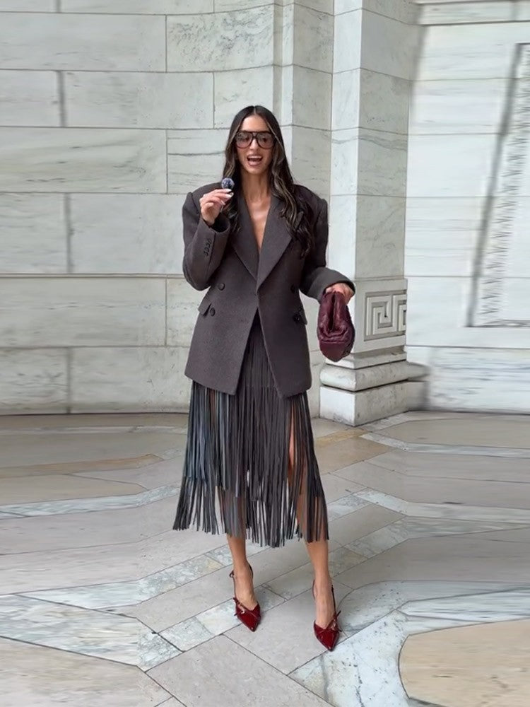 Tassel Leather Midi Skirt Women Solid High Street High-waist A-line Bodycon Long Skirts Spring Summer 2026 Chic All-match Outfit