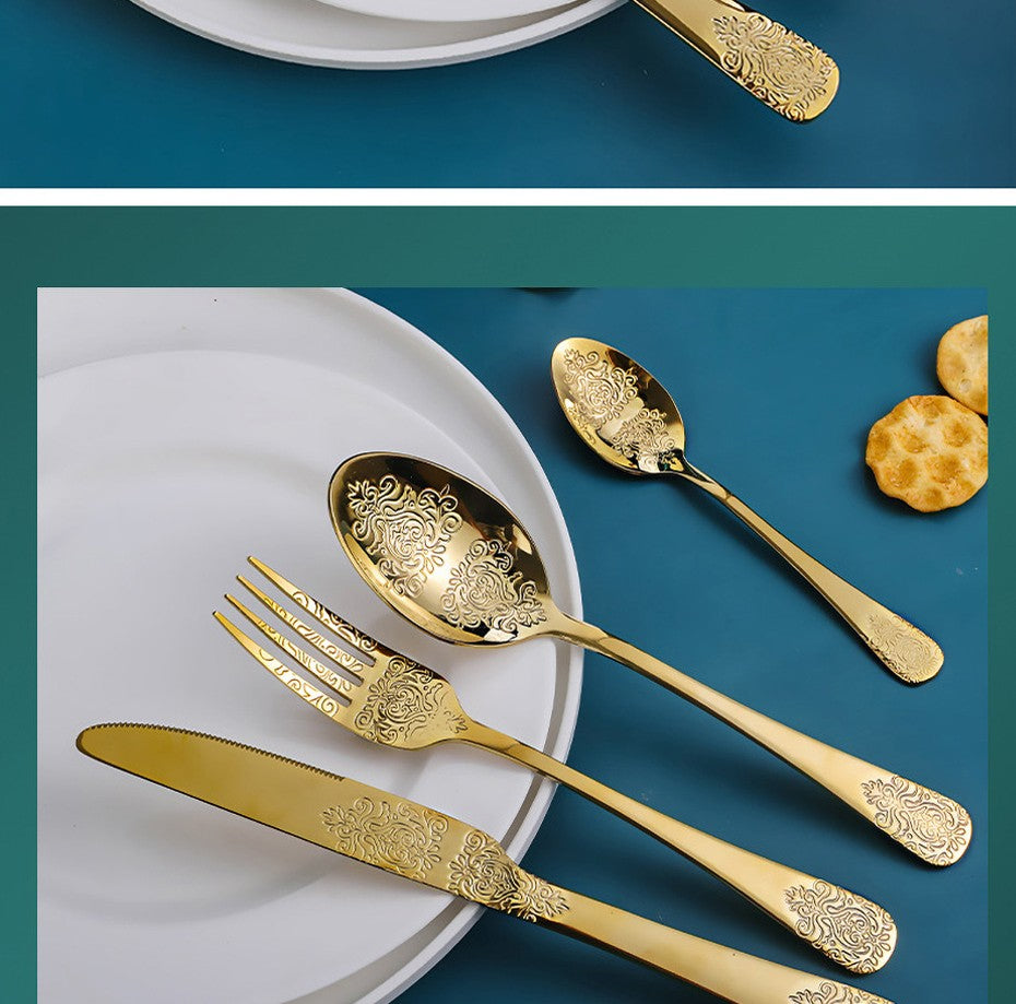 16/24Pcs Silverware Set,304 Stainless Steel Gold Cutlery Kit Mirror Polished Flatware Sets Vintage Carved Utensils Set Tableware