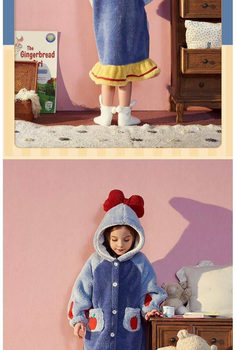 Disney Snow White Kids Hooded Robe Winter Princess Child Thick Keep Warm Long Nightgown Front Button Coral Fleece Soft Bathrobe