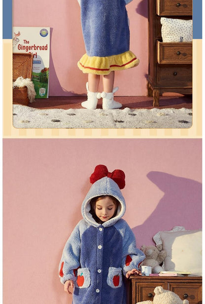 Disney Snow White Kids Hooded Robe Winter Princess Child Thick Keep Warm Long Nightgown Front Button Coral Fleece Soft Bathrobe