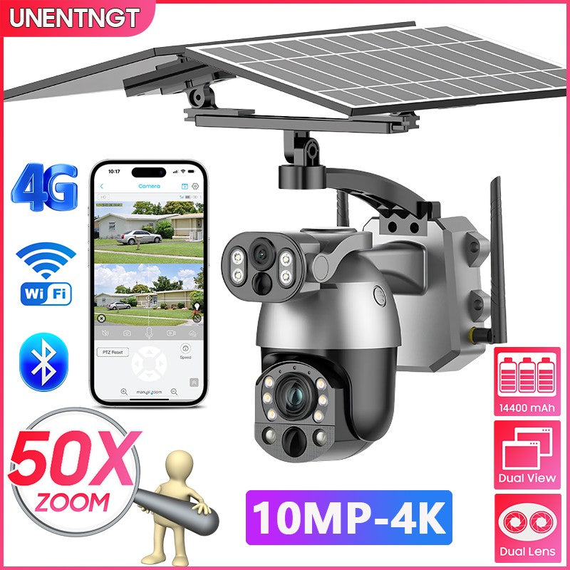 UNENTGT 4k Dual Lens View 50X Optical Zoom Solar Battery PTZ Camera 10MP SIM Card Outdoor Wifi CCTV Solaire Surveillance Camera