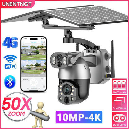 UNENTGT 4k Dual Lens View 50X Optical Zoom Solar Battery PTZ Camera 10MP SIM Card Outdoor Wifi CCTV Solaire Surveillance Camera