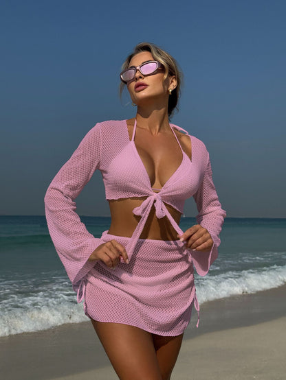 Summer Holiday 4 Piece Bikini Set 2025 Women Sexy White Long Sleeve Cover Up and Skirt Swimsuit Beach Bathing Suit Pool Swimwear