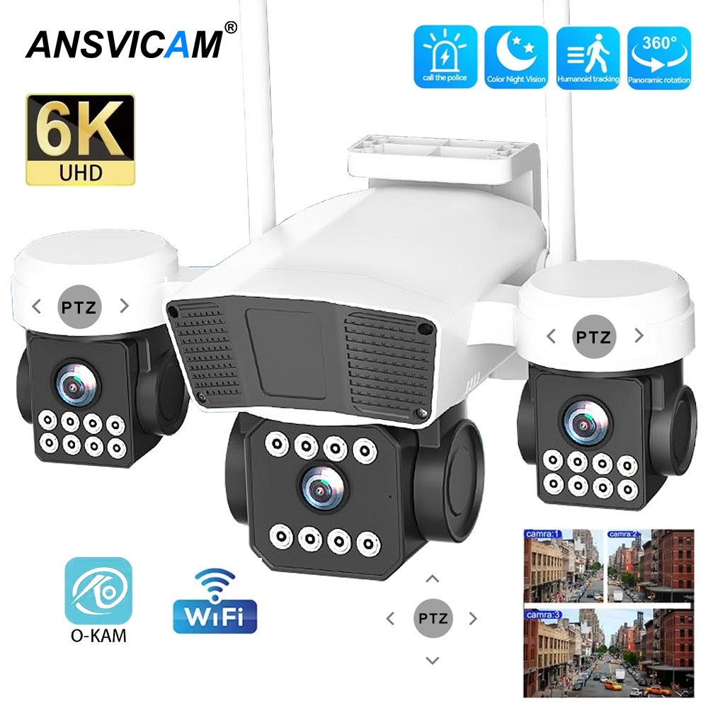 ANSVICAM 12MP 6K UHD WIFI Camera 3-PTZ Outdoor Cam Three Lenses Triple Screens Security Monitor Night Vision Waterproof CCTV