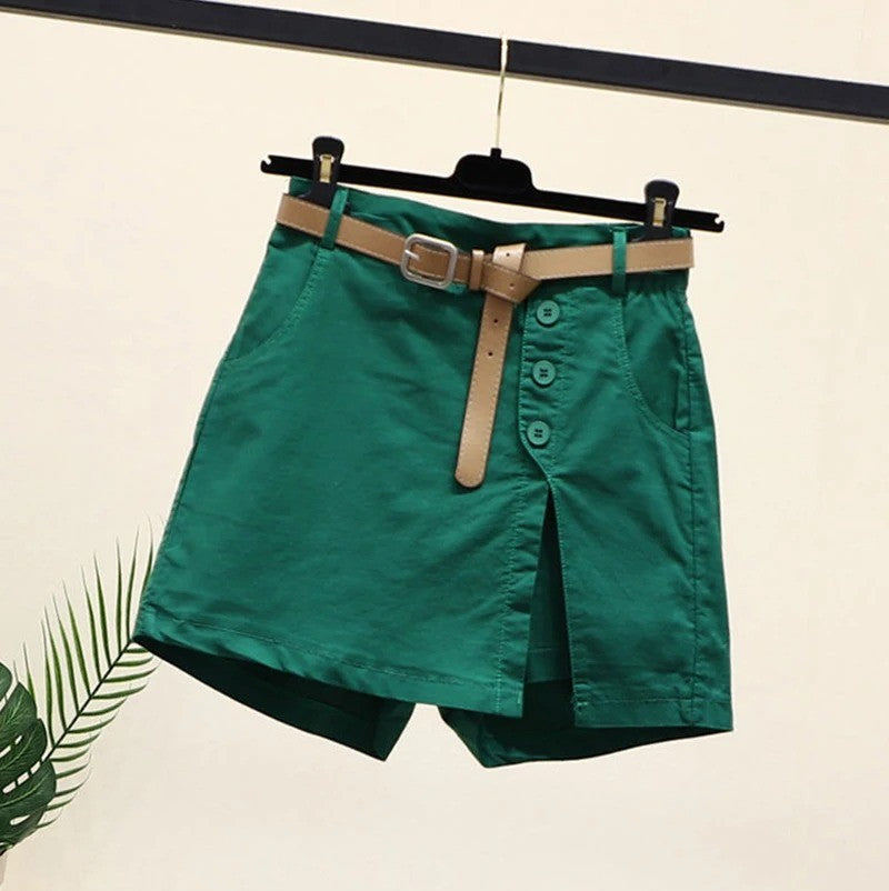 Chic Shorts Women Belt Korean Solid Buttons Side Slit A-line Streetwear Fashion Skirts Chic Harajuku Summer Loose Pants