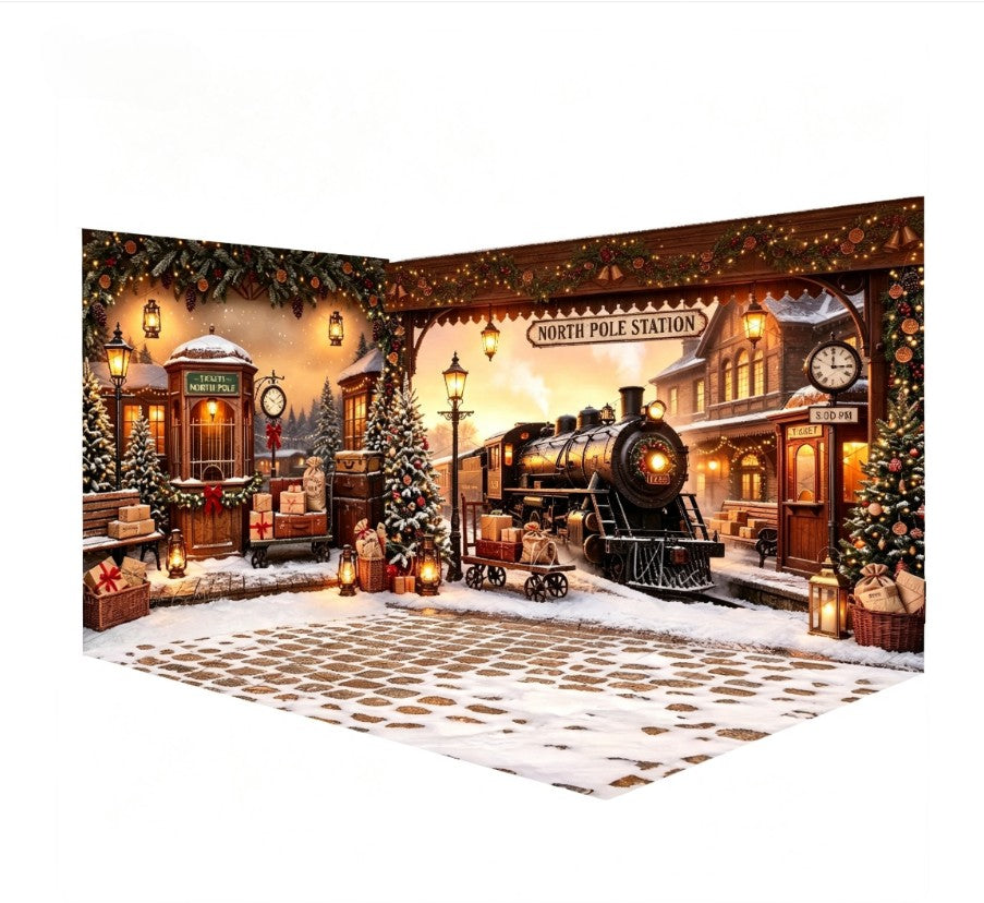Christmas decoration background train phone booth Christmas tree street light room layout photo studio photography background