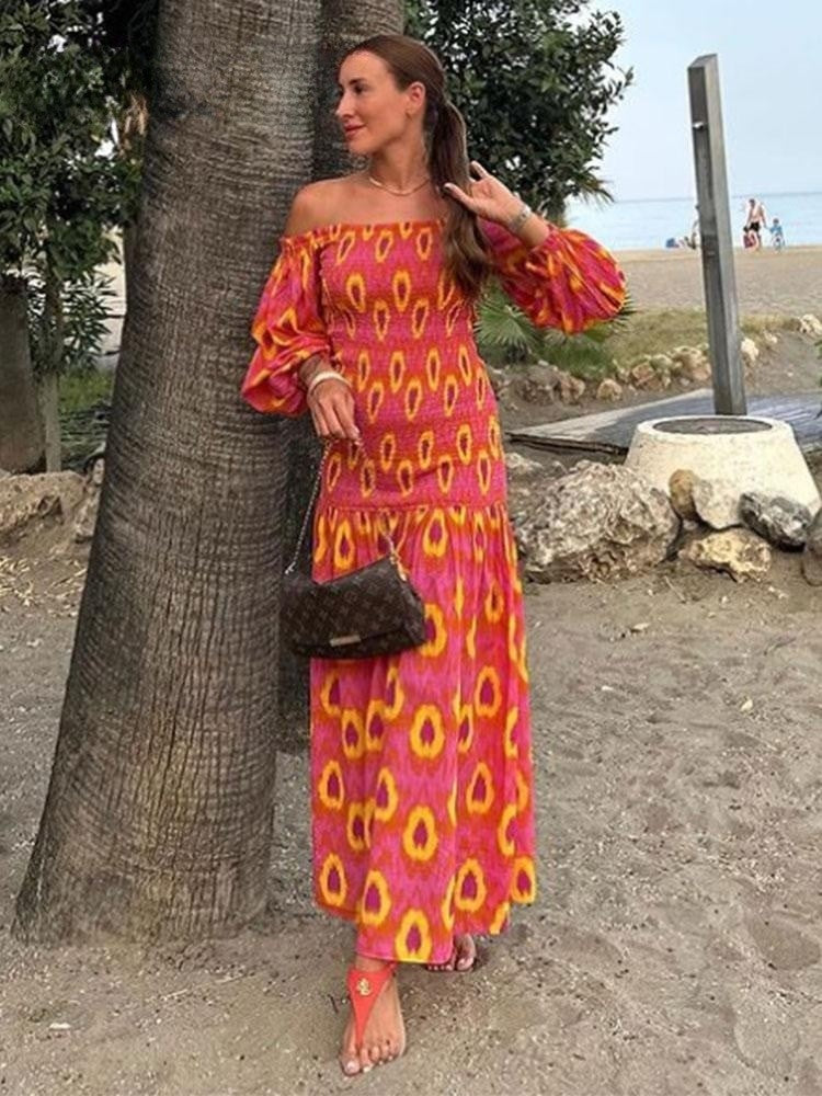 Women Summer Party Holiday Lady Streetwears Print Ruffle Pleated Long Dress Fash