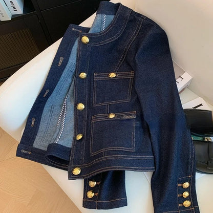 Women's Vintage Denim Jacket Spring Button-Up Korean Fashion Blue Chic Bomber Outwear Top 2025 Style Casual Ropa De Mujer