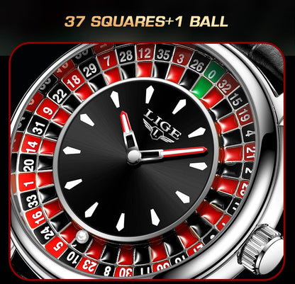 LIGE Quartz Man Watch Fashion Luxury Creative Roulette Game Dial Design Leather Casual Life Waterproof Watches for Men Gifts+Box
