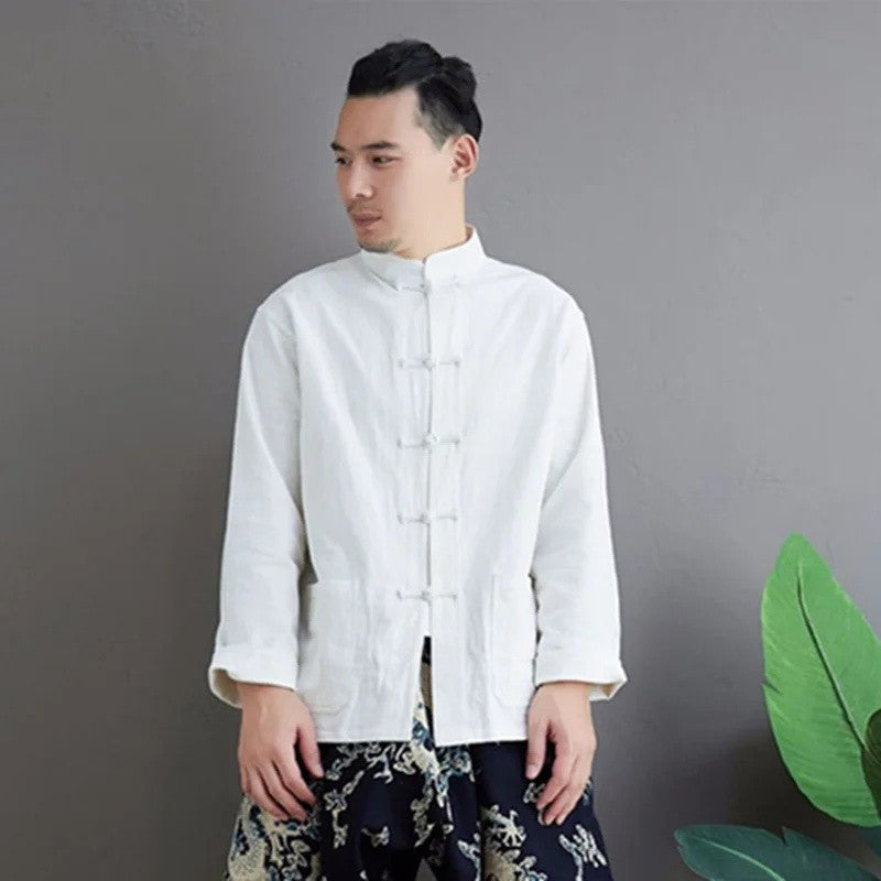 New Arrival Spring Autumn Handmade Cotton Linen Chinese Style Vintage Tang Suit Shirt White Base Layer Monk's Shirt