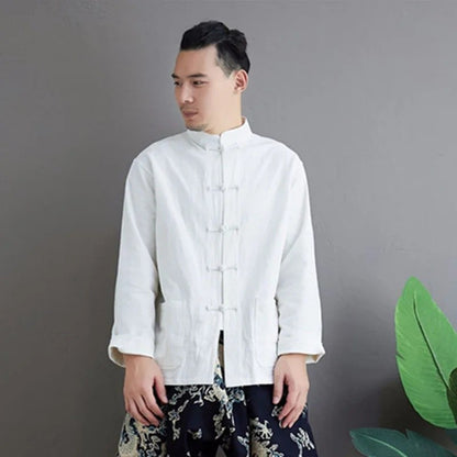 New Arrival Spring Autumn Handmade Cotton Linen Chinese Style Vintage Tang Suit Shirt White Base Layer Monk's Shirt