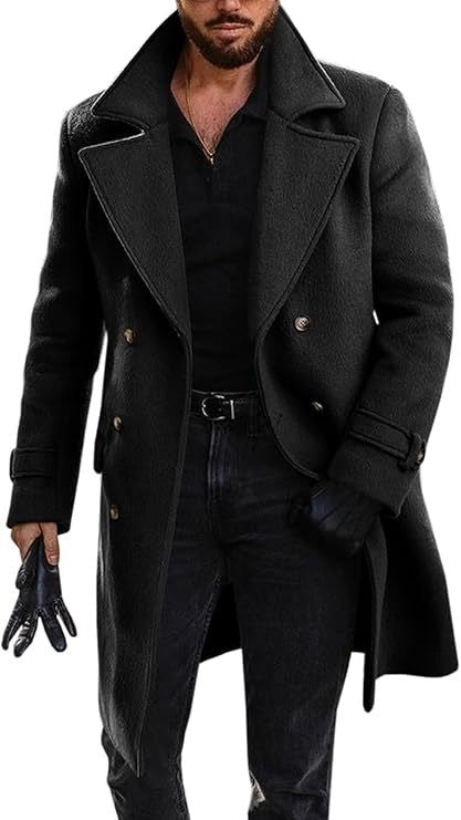 Sobretudo Masculino de Inverno Engrossado Manga Longa Casual de Negócios Quebra-vento Masculino Gola Virada Abotoamento Duplo Jaqueta Masculina Confortável
