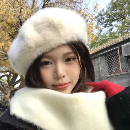 Sweet Faux Rabbit Fur Beret Hat Women Autumn Winter Thicken Keep Warm Furry Flush Artist Flat Cap Solid Color Painter Hats