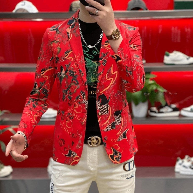 Spring and Summer Suits, Elastic, Luxurious, Koi Men's Slimming, High-end Ironing, Casual, Fashionable and Individual Outerwear