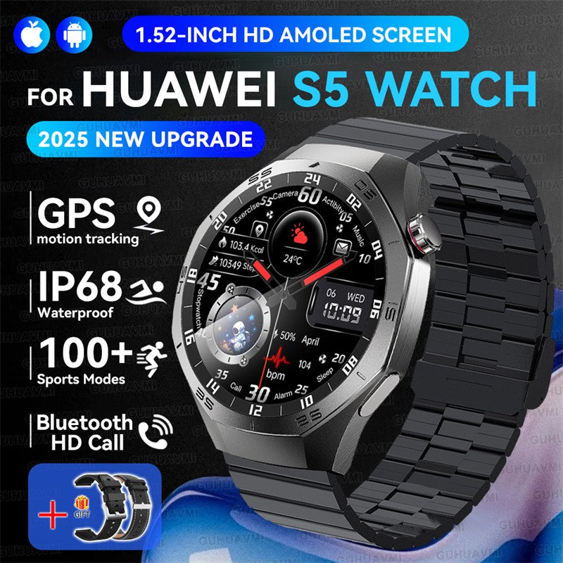 Smartwatch GUHUAVMI GT5 Pro 2025 Masculino com Tela HD AMOLED, GPS, Monitor de Trajetória de Movimento, Frequência Cardíaca, Chamada Bluetooth e 1.52", IP68