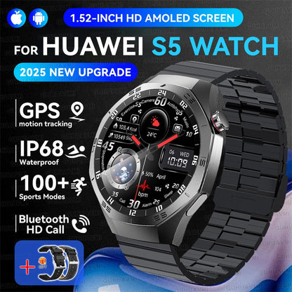 Smartwatch GUHUAVMI GT5 Pro 2025 Masculino com Tela HD AMOLED, GPS, Monitor de Trajetória de Movimento, Frequência Cardíaca, Chamada Bluetooth e 1.52", IP68