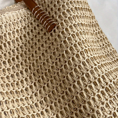 Fashionable and Versatile Women's Woven Bag with Zipper for Travel, Large Capacity Beach Bag, Handbag