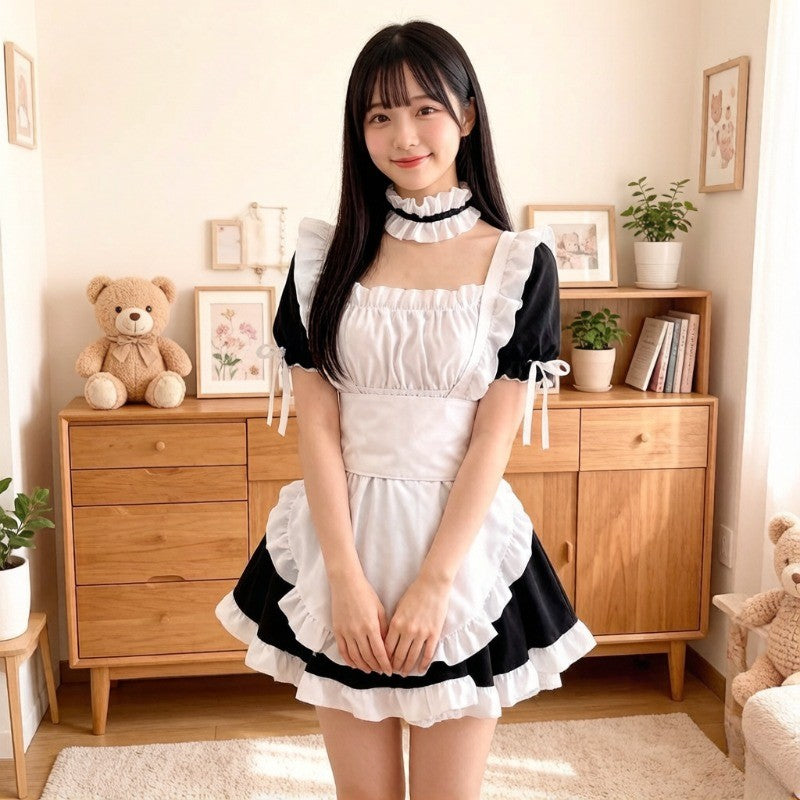 Cute Japanese Maid Outfit Sweet Lolita Cosplay Costume Black White Uniform Full Set Gothic Lace Party Halloween Stage Wear