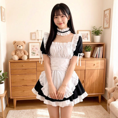 Cute Japanese Maid Outfit Sweet Lolita Cosplay Costume Black White Uniform Full Set Gothic Lace Party Halloween Stage Wear