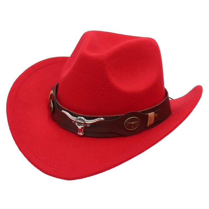 New Felt Western Cowboy Hat Ox Head Accessories Ethnic Style Roll Brim Cowgirl Cap with Cow Band Soft Jazz Fedora Hats Men