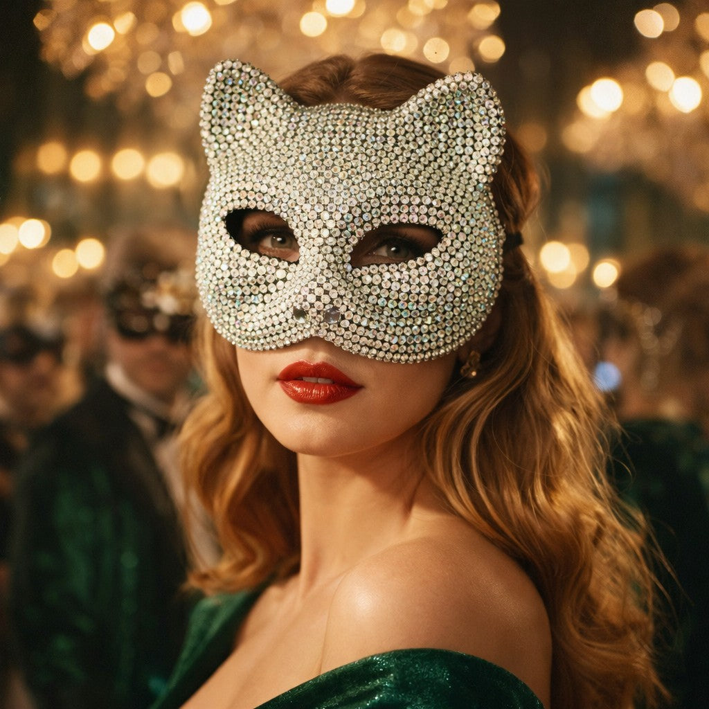 Rhinestone Cat Masquerade Mask, Crystal Studded Half Face Mask for Women Halloween Party and Cosplay