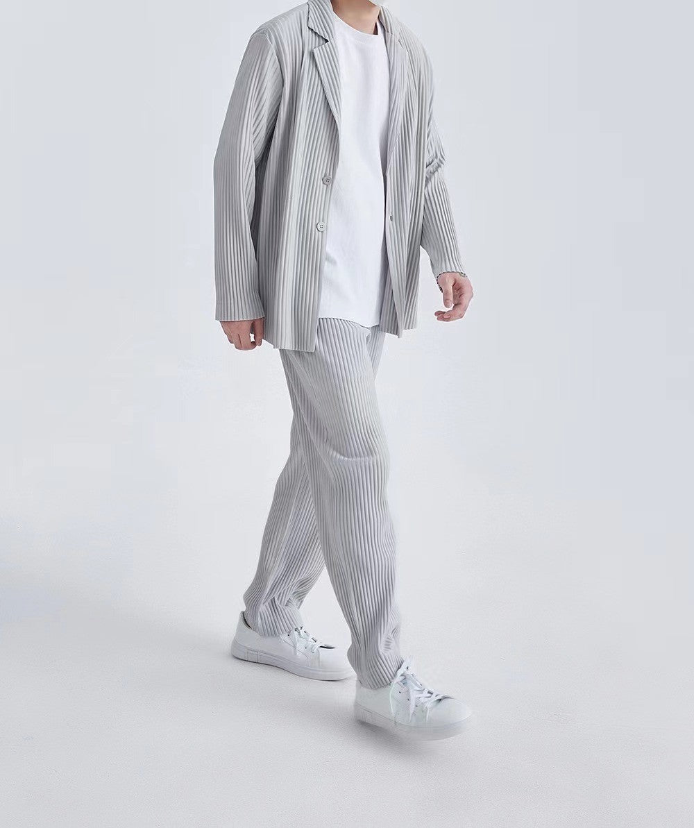 Miyake New 2025 Spring Suit Long Sleeve Pleated Pleated Men's Jacket Lapel Pleated Solid Color Fashion Loose Plisse Casual Top