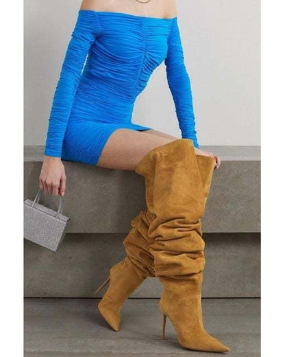 Women's New Pointed Pleated High-heeled Knee High Boots, Autumn and Winter Suede Thigh Boots, Women's Plus Size Stacking Boots