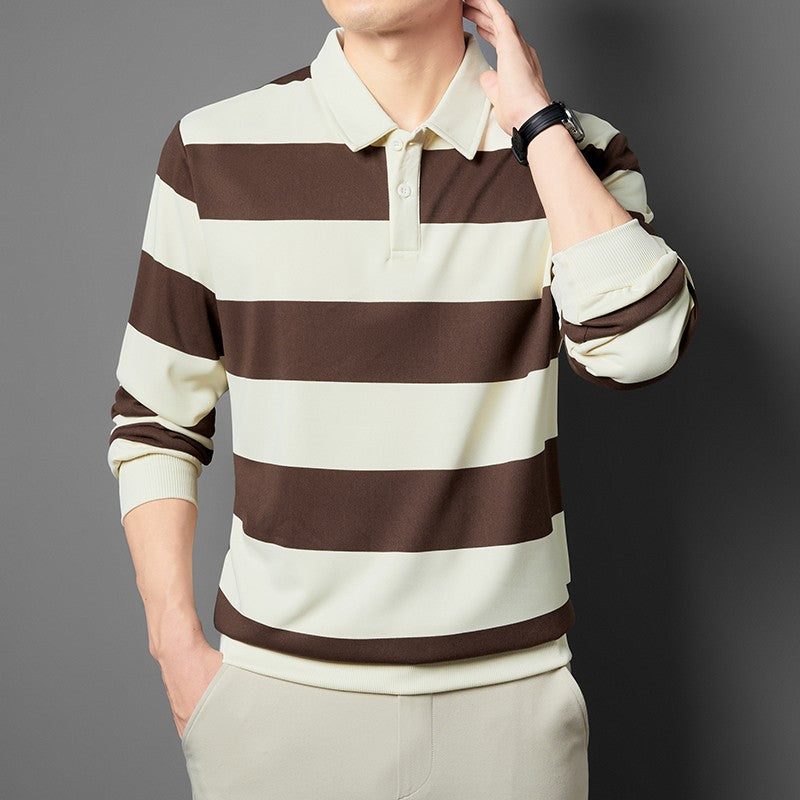 2025 Men's New Striped Long Sleeved Polo Shirt Casual Fashion Autumn Winter Versatile Top