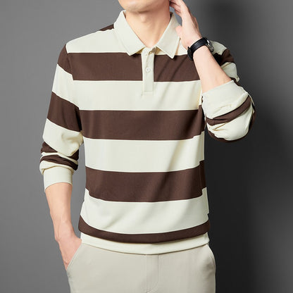 2025 Men's New Striped Long Sleeved Polo Shirt Casual Fashion Autumn Winter Versatile Top