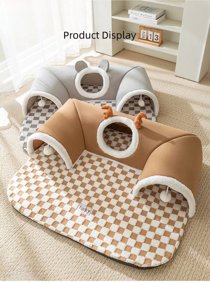 Cama de Gato de Pelúcia Quente de Inverno com Aparência de Rena Esconderijo Túnel para Gatos Brincar e Dormir Casa Integrada para Gatos Ninho para Animais de Estimação