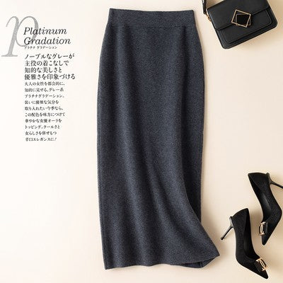 100% pure wool skirt new women's autumn and winter mid-length high-waisted thin cashmere skirt knitted all-match hip skirt