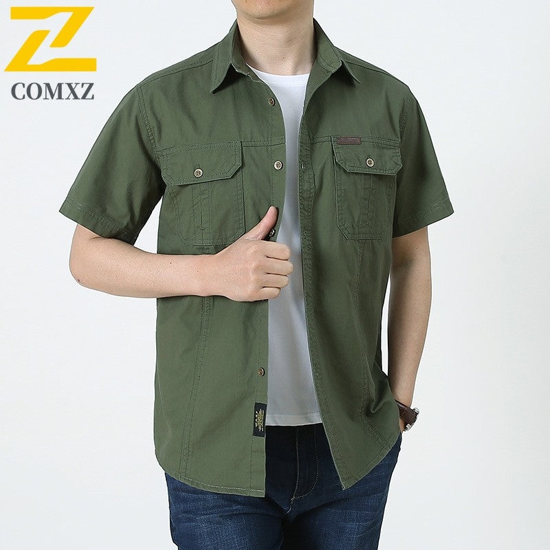 Summer Cargo Shirt Men's Casual Retro Cotton Pocket Short Sleeve Coat plus size Outdoor Camping Fishing Sweat Absorbing Shirt
