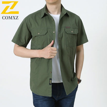Summer Cargo Shirt Men's Casual Retro Cotton Pocket Short Sleeve Coat plus size Outdoor Camping Fishing Sweat Absorbing Shirt