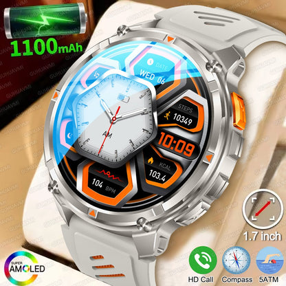 Relógio Inteligente Militar com Bússola GPS Masculino Bateria 1100mAh Lanterna Frequência Cardíaca 100+ Modos Esportivos Chamada Bluetooth Smartwatch à Prova d'Água