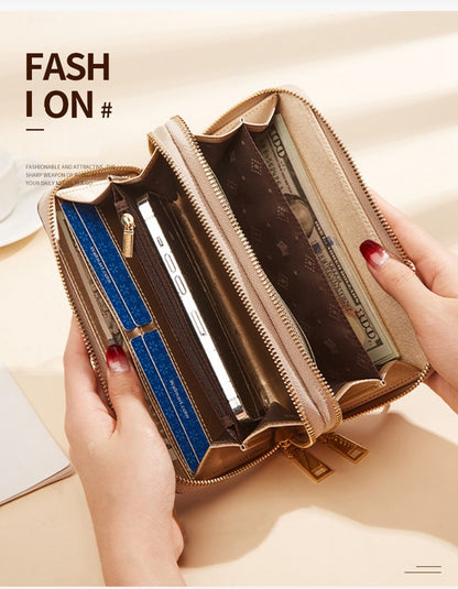 FOXER Split Leather Lady's Wallet Bifold Long Clutch Bag with Wristlet Fashion Card Holder Coin Purse Cellphone Money Bag