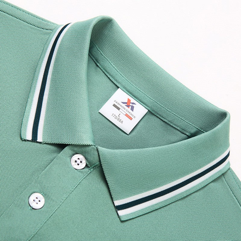 Men's Fashion Solid Short Sleeved Striped Lapel Polo Shirt Summer Breathable Comfortable Top