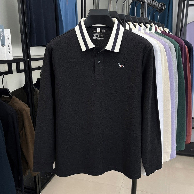 Men's 100% Cotton Original Design Printed Long Sleeved Polo Shirt Spring Autumn Simple Fashion Business Lapel T-shirt Men's Wear