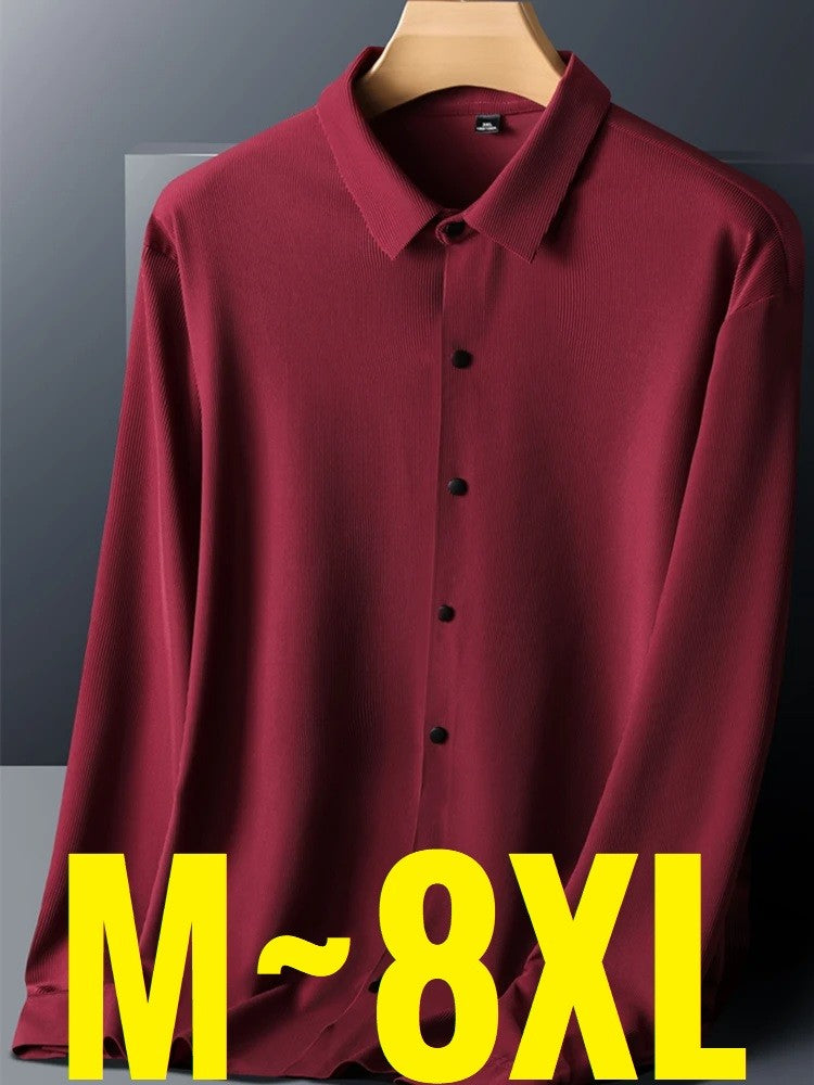 Stretch Elastic Stripe Men's Shirt Long Sleeve Classic Blouse Male Elegant Work Big Size Plus Large High Quality Ice Silk Social