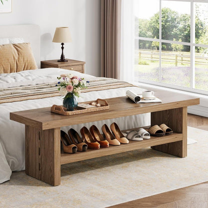 2 Tier Entryway Bench, 47.24" Shoe Bench, Rustic Shoe Rack, Wooden Storage Bench for Entryway Hallway Living Room Bedroom, Easy