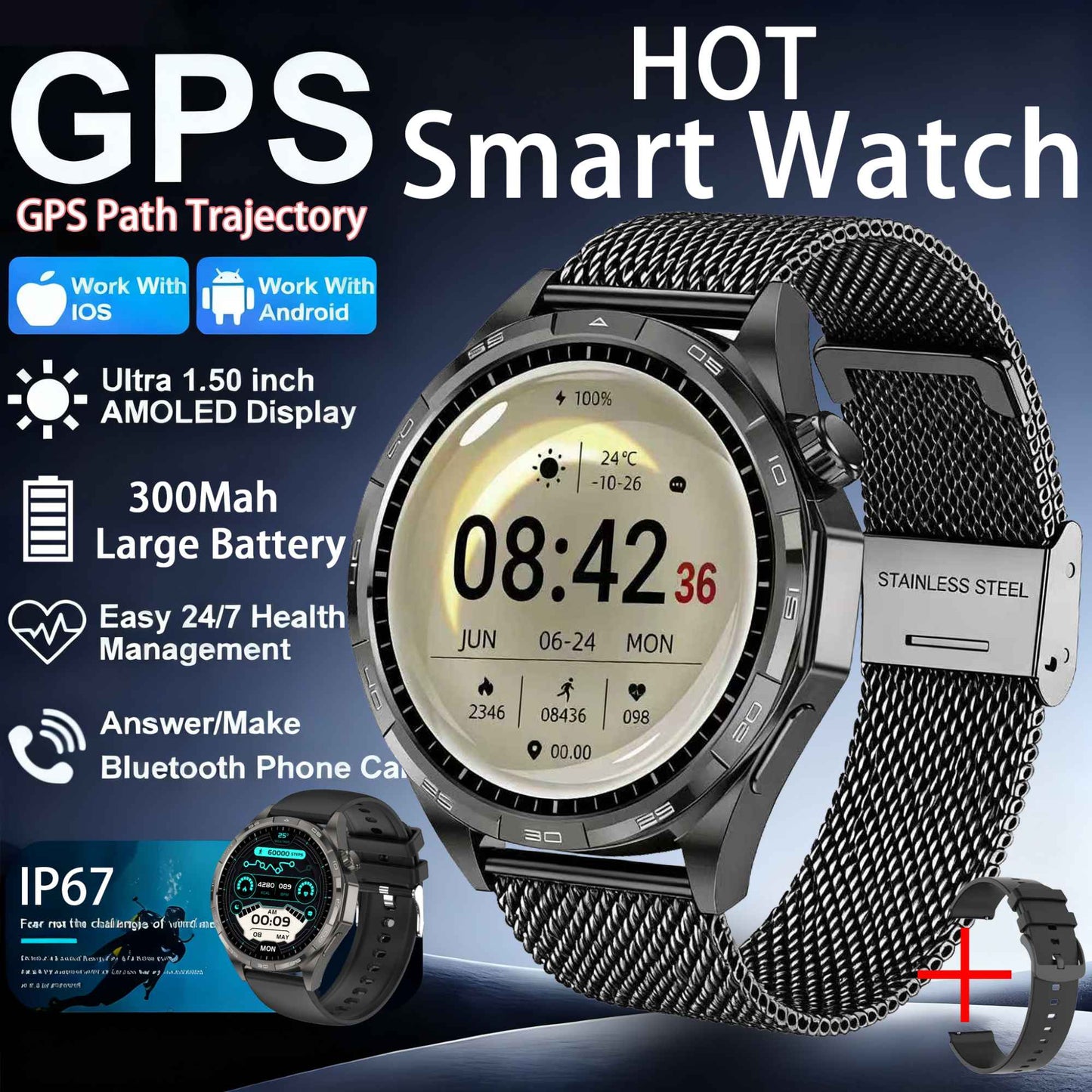 2026 Novo Smart Watch Masculino Relógio 6 AMOLED HD Tela Multi-Esporte Chamada Bluetooth GPS Trajetória Frequência Cardíaca Oxigênio no Sangue SmartWatches