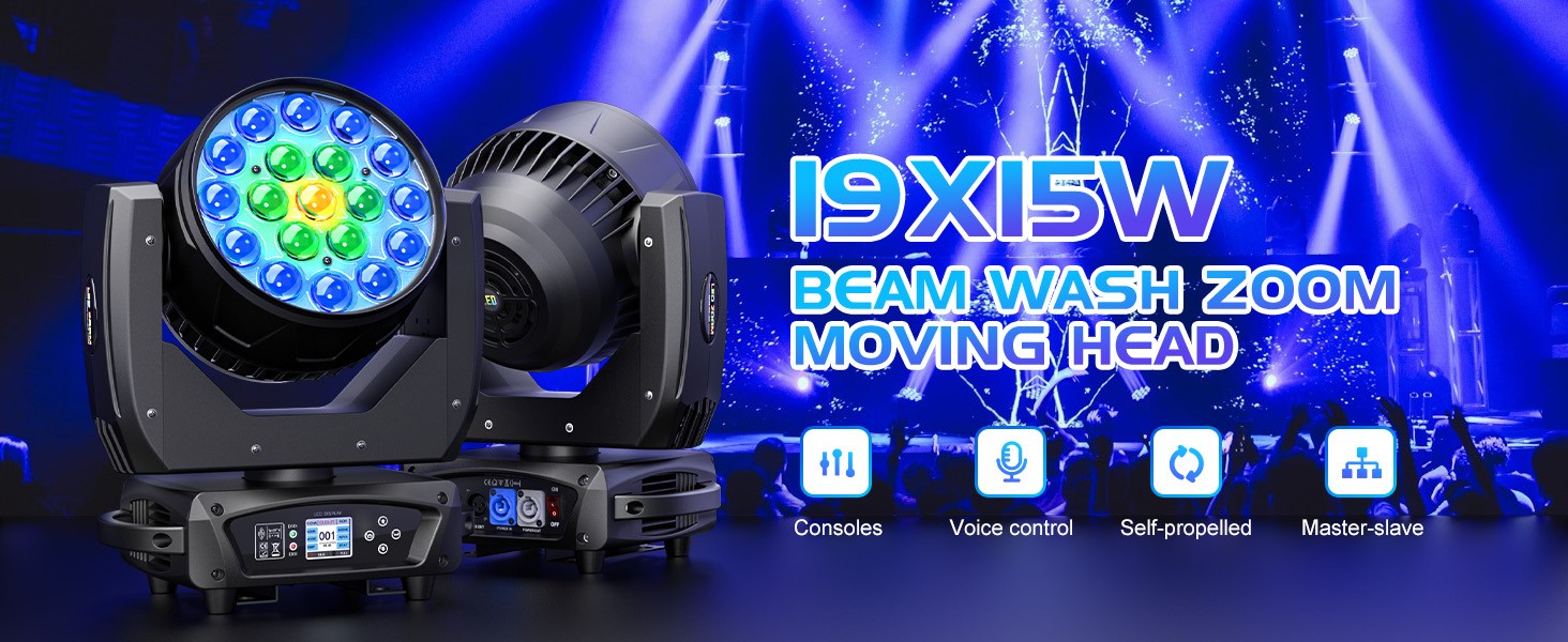 4PCS 19x15W Moving Head Light Beam RGBW Stage Effect Lighting Projector Zoom Wash Lights for Party Concert Theater Live Show Bar